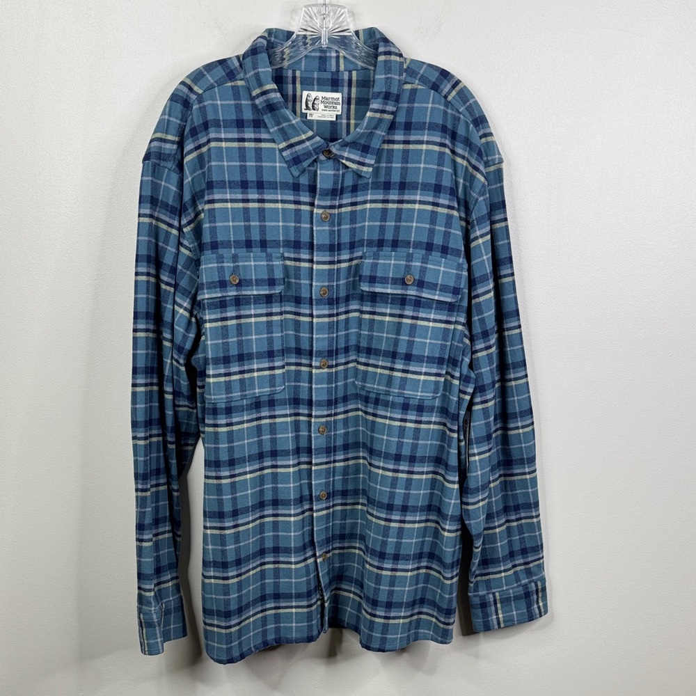 Marmot Doran Midweight Flannel Shirt XXL Blue Plaid Cotton Button Down NWT